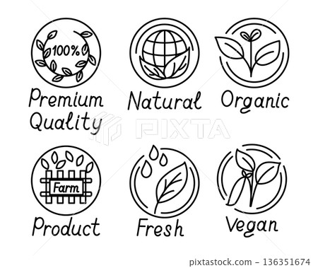 Hand drawn eco label icon set with premium quality, natural, organic, farm product, fresh and vegan symbols in clean line style isolated on white background. Represents sustainability, lifestyle Hand drawn eco label icon set with premium quality, natural, organic, farm product, fresh and vegan symbols in clean line style isolated on white background. Represents sustainability, lifestyle 136351674