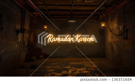 Ramadan Kareem neon sign glowing in a dark, grungy room. Festive and spiritual background for the holiday. 136351684