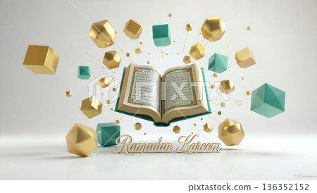 3D render of Quran book with geometric shapes, Ramadan Kareem concept, islamic holy book, religious celebration. 136352152