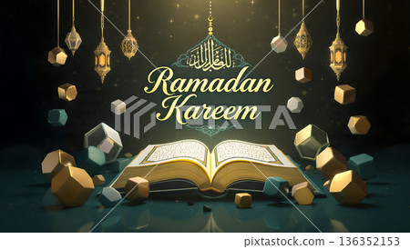 Elegant Ramadan Kareem background with golden lanterns, open book, and geometric shapes for festive greetings. 136352153