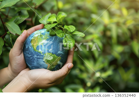 Small planet in the palms. Generative AI 136352440