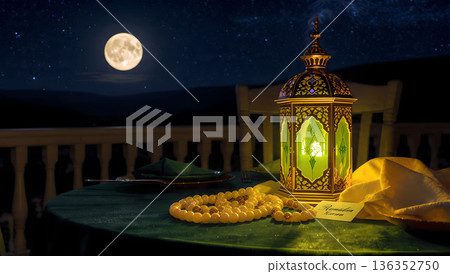 Ramadan lantern glowing on table at night with full moon. Festive decoration for Muslim holiday celebration. 136352750