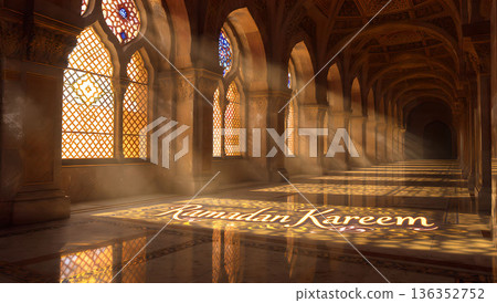 Elegant hallway with light rays and Ramadan Kareem text. Interior design with arched windows and reflections. 136352752