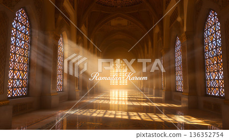 Beautiful mosque interior with light rays shining through stained glass windows. Ramadan Kareem concept background. 136352754