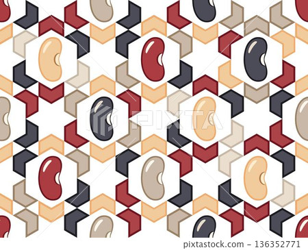 Seamless geometric pattern of kidney beans on hexagonal grid. Minimalist vector icons, flat design on transparent background. Perfect for food packaging, organic labels, textile prints. Seamless geometric pattern of kidney beans on hexagonal grid. Minimalist vector icons, flat design on transparent background. Perfect for food packaging, organic labels, textile prints. 136352771