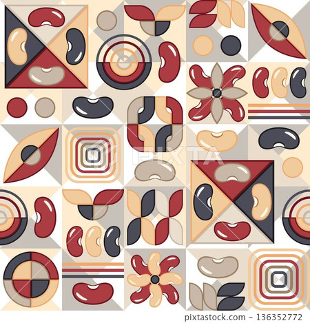 Seamless repeating mosaic pattern of stylized kidney beans in geometric flat design with abstract geometric shapes. For organic food packaging, product branding, eco friendly labels, textile prints Seamless repeating mosaic pattern of stylized kidney beans in geometric flat design with abstract geometric shapes. For organic food packaging, product branding, eco friendly labels, textile prints 136352772