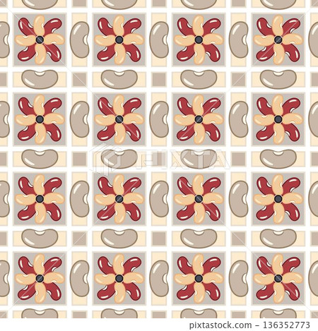 Seamless geometric pattern of colorful kidney beans on checkered square grid. Minimalist vector icons, flat simple design. Suitable for food packaging, organic labels, textile prints. 136352773