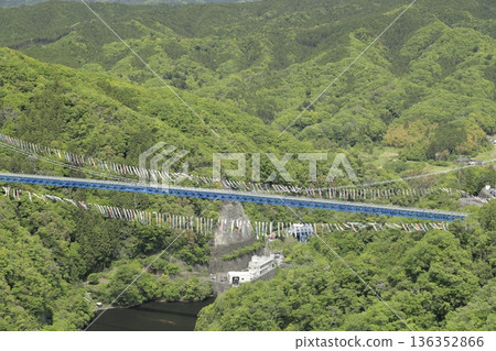 從赤岩展望台望去，可以看到龍神吊橋，周圍綠樹環繞，掛滿了無數鯉魚彩帶。 136352866