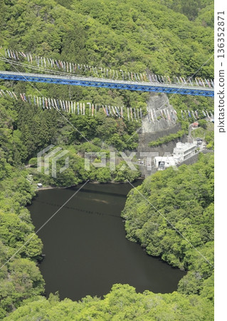 從赤岩展望台望去，可以看到龍神吊橋，周圍綠樹環繞，掛滿了無數鯉魚彩帶。 136352871