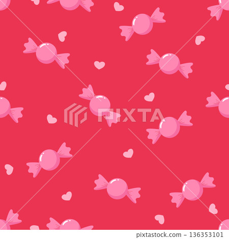 Pink Candy Seamless Pattern with Hearts, Sweet Strawberry Wrapped Candies Vector Background for Valentine's and Kids 136353101