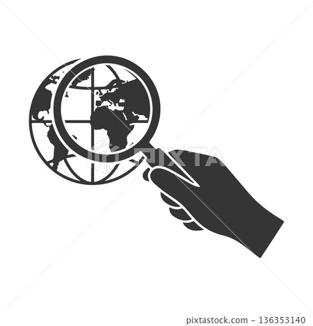 Silhouette icon of a hand holding a magnifying glass - Globe Silhouette icon of a hand holding a magnifying glass - Globe 136353140