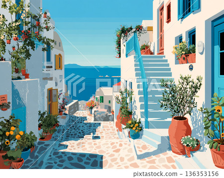 A vibrant illustration of a picturesque Greek hillside village featuring iconic white-washed buildings, blue-domed roofs, and colorful flora overlooking a calm, turquoise sea. 136353156