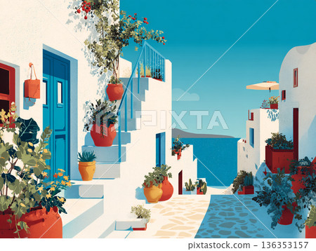 A vibrant illustration of a picturesque Greek hillside village featuring iconic white-washed buildings, blue-domed roofs, and colorful flora overlooking a calm, turquoise sea. 136353157