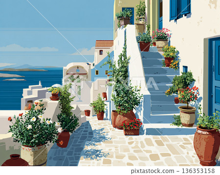 A vibrant illustration of a picturesque Greek hillside village featuring iconic white-washed buildings, blue-domed roofs, and colorful flora overlooking a calm, turquoise sea. 136353158
