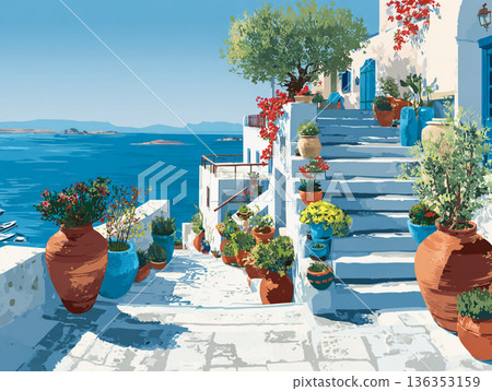 A vibrant illustration of a picturesque Greek hillside village featuring iconic white-washed buildings, blue-domed roofs, and colorful flora overlooking a calm, turquoise sea. 136353159