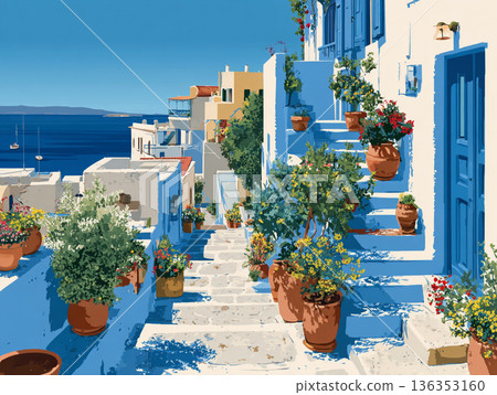 A vibrant illustration of a picturesque Greek hillside village featuring iconic white-washed buildings, blue-domed roofs, and colorful flora overlooking a calm, turquoise sea. 136353160