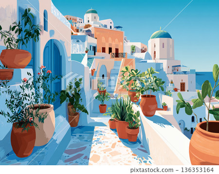 A vibrant illustration of a picturesque Greek hillside village featuring iconic white-washed buildings, blue-domed roofs, and colorful flora overlooking a calm, turquoise sea. 136353164
