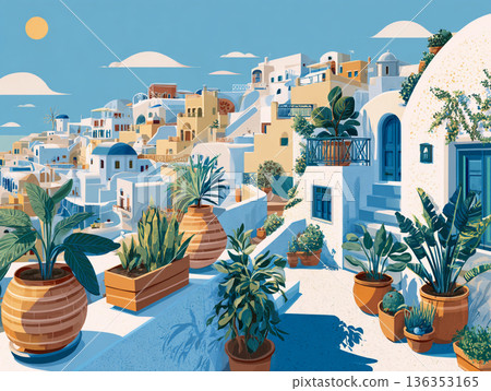 A vibrant illustration of a picturesque Greek hillside village featuring iconic white-washed buildings, blue-domed roofs, and colorful flora overlooking a calm, turquoise sea. 136353165