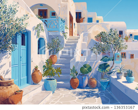 A vibrant illustration of a picturesque Greek hillside village featuring iconic white-washed buildings, blue-domed roofs, and colorful flora overlooking a calm, turquoise sea. 136353167