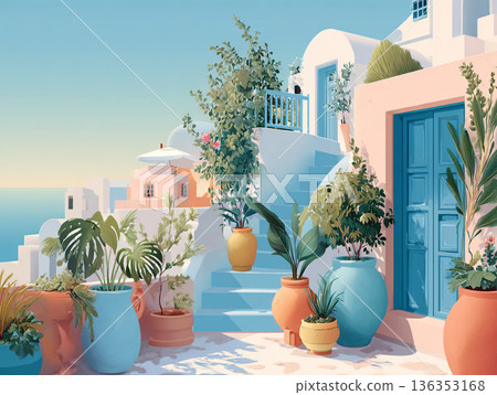 A vibrant illustration of a picturesque Greek hillside village featuring iconic white-washed buildings, blue-domed roofs, and colorful flora overlooking a calm, turquoise sea. 136353168