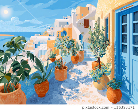 A vibrant illustration of a picturesque Greek hillside village featuring iconic white-washed buildings, blue-domed roofs, and colorful flora overlooking a calm, turquoise sea. 136353171