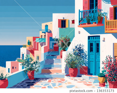 A vibrant illustration of a picturesque Greek hillside village featuring iconic white-washed buildings, blue-domed roofs, and colorful flora overlooking a calm, turquoise sea. 136353173