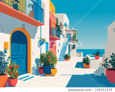 A vibrant illustration of a picturesque Greek hillside village featuring iconic white-washed buildings, blue-domed roofs, and colorful flora overlooking a calm, turquoise sea. 136353174