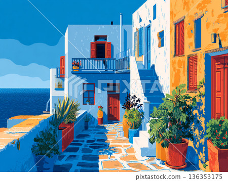 A vibrant illustration of a picturesque Greek hillside village featuring iconic white-washed buildings, blue-domed roofs, and colorful flora overlooking a calm, turquoise sea. 136353175