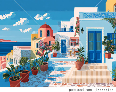 A vibrant illustration of a picturesque Greek hillside village featuring iconic white-washed buildings, blue-domed roofs, and colorful flora overlooking a calm, turquoise sea. 136353177