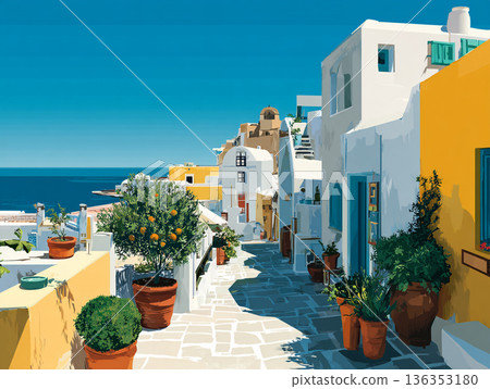 A vibrant illustration of a picturesque Greek hillside village featuring iconic white-washed buildings, blue-domed roofs, and colorful flora overlooking a calm, turquoise sea. 136353180