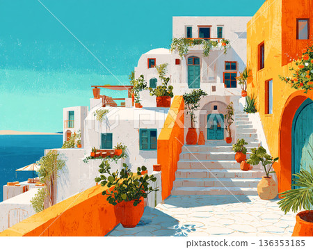 A vibrant illustration of a picturesque Greek hillside village featuring iconic white-washed buildings, blue-domed roofs, and colorful flora overlooking a calm, turquoise sea. 136353185