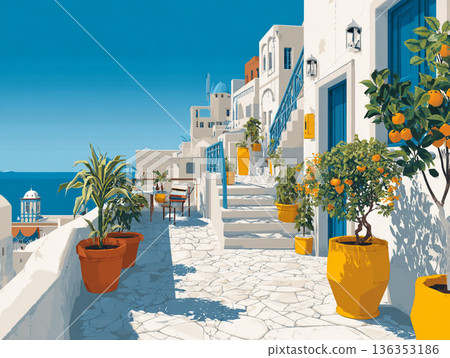 A vibrant illustration of a picturesque Greek hillside village featuring iconic white-washed buildings, blue-domed roofs, and colorful flora overlooking a calm, turquoise sea. 136353186