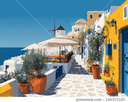 A vibrant illustration of a picturesque Greek hillside village featuring iconic white-washed buildings, blue-domed roofs, and colorful flora overlooking a calm, turquoise sea. 136353187