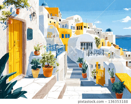 A vibrant illustration of a picturesque Greek hillside village featuring iconic white-washed buildings, blue-domed roofs, and colorful flora overlooking a calm, turquoise sea. 136353188