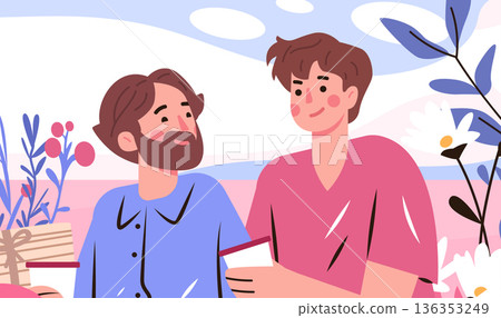Male couple Valentines Day gay LGBTQ romance exchanging love note and gift in pastel garden with flowers leaves clouds books relationship concept 136353249