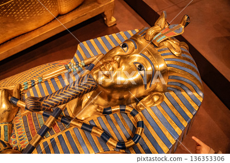 Golden Sarcophagus of Pharaoh Tutankhamun in Egyptian Museum. Burial artifact 136353306