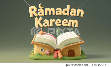 Festive Ramadan Kareem illustration featuring a cartoon book, crescent moon, and mosque, perfect for greeting cards. Festive Ramadan Kareem illustration featuring a cartoon book, crescent moon, and mosque, perfect for greeting cards. 136353349