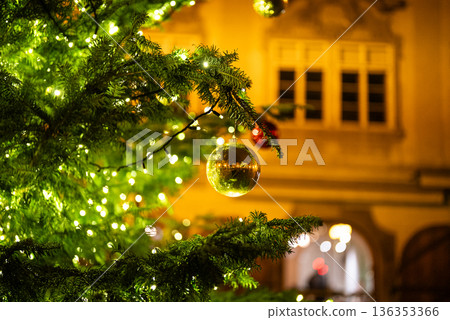 Christmas tree ornament with historic building in Prague city center Christmas tree ornament with historic building in Prague city center 136353366