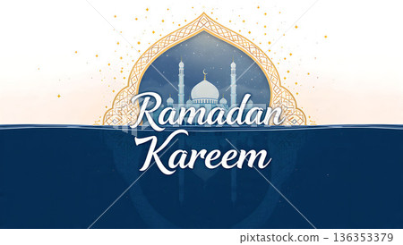 Elegant Ramadan Kareem greeting card design featuring a mosque silhouette against a starry night sky. Perfect for festive wishes. 136353379