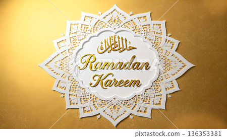 Elegant Ramadan Kareem design with golden text and intricate white mandala on a sparkling gold background. Festive greeting card. 136353381
