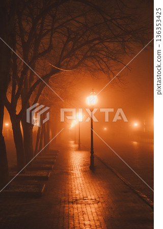 Foggy night street with trees and glowing lanterns in old European misty city Foggy night street with trees and glowing lanterns in old European misty city 136353425