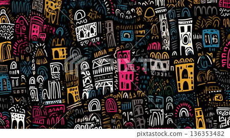 A playful, seamless pattern of stylized house doodles in bright pink, yellow, blue, and green, rendered in a chalk-like texture against a solid black background. 136353482