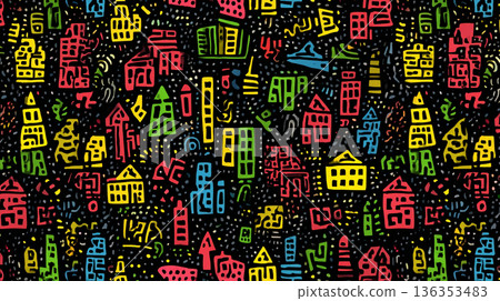 A playful, seamless pattern of stylized house doodles in bright pink, yellow, blue, and green, rendered in a chalk-like texture against a solid black background. 136353483