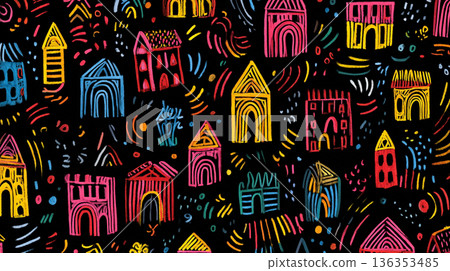 A playful, seamless pattern of stylized house doodles in bright pink, yellow, blue, and green, rendered in a chalk-like texture against a solid black background. 136353485