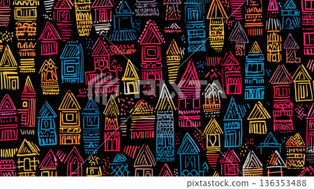 A playful, seamless pattern of stylized house doodles in bright pink, yellow, blue, and green, rendered in a chalk-like texture against a solid black background. 136353488