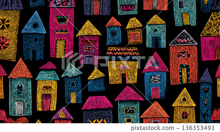 A playful, seamless pattern of stylized house doodles in bright pink, yellow, blue, and green, rendered in a chalk-like texture against a solid black background. 136353491