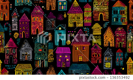 A playful, seamless pattern of stylized house doodles in bright pink, yellow, blue, and green, rendered in a chalk-like texture against a solid black background. 136353492