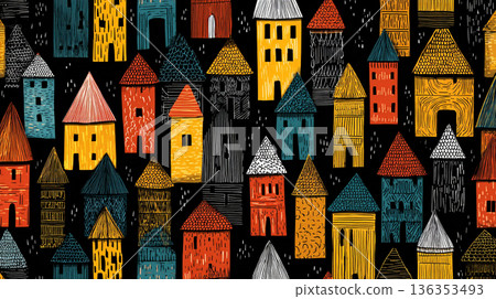 A playful, seamless pattern of stylized house doodles in bright pink, yellow, blue, and green, rendered in a chalk-like texture against a solid black background. 136353493