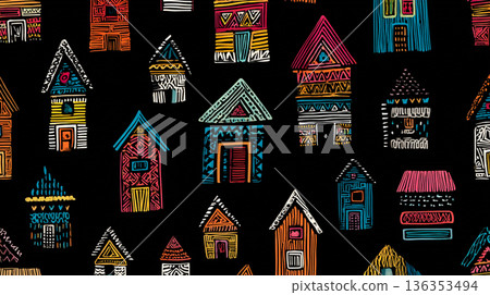 A playful, seamless pattern of stylized house doodles in bright pink, yellow, blue, and green, rendered in a chalk-like texture against a solid black background. 136353494