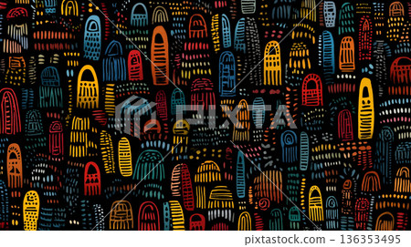 A playful, seamless pattern of stylized house doodles in bright pink, yellow, blue, and green, rendered in a chalk-like texture against a solid black background. 136353495